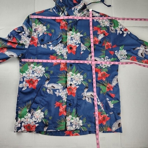Staple Hooded Rain Jacket Coat Pigeon Brand Blue Floral Birds Print Size M - Picture 6 of 16